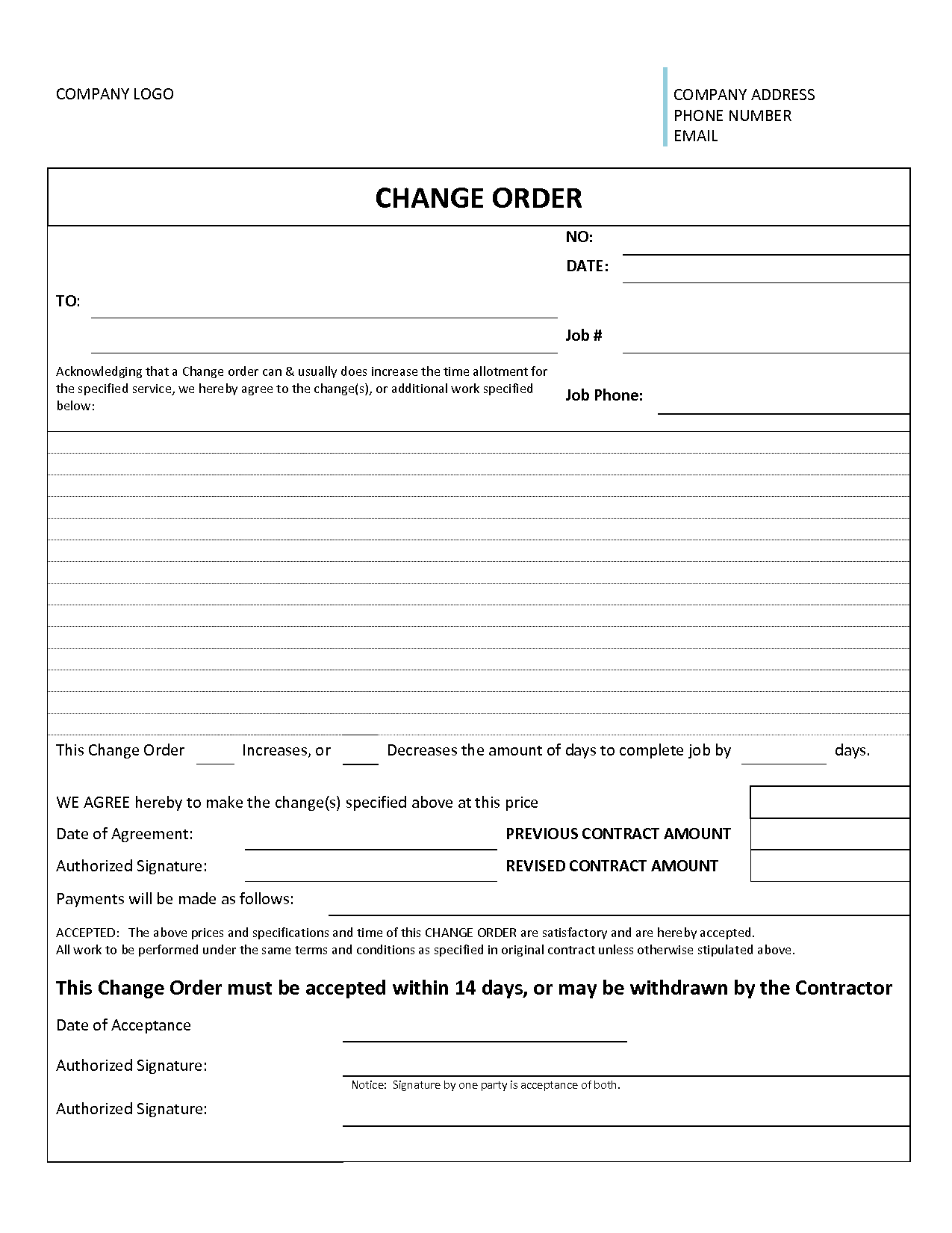 Free Printable Change Order Form Printable Forms Free Online