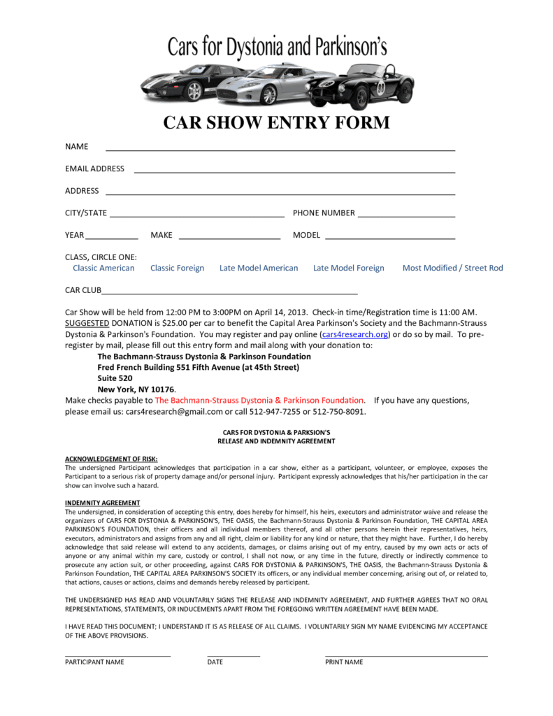 Car Show Registration Form Templates Word Excel Fomats