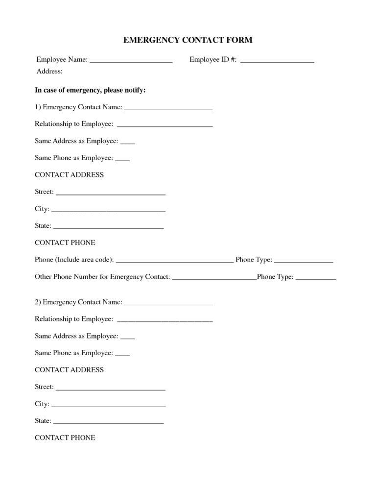 Employee Emergency Contact Forms - Word Excel Fomats