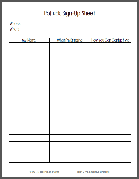 Potluck Sign Up Sheets Find Word Templates