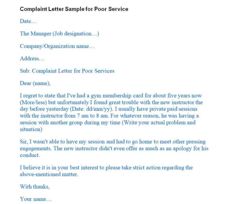 formal letter of complaint for bad service