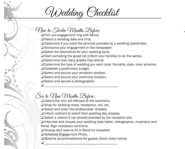 21 Free Wedding Checklist Templates Word And Pdf Word Excel Fomats