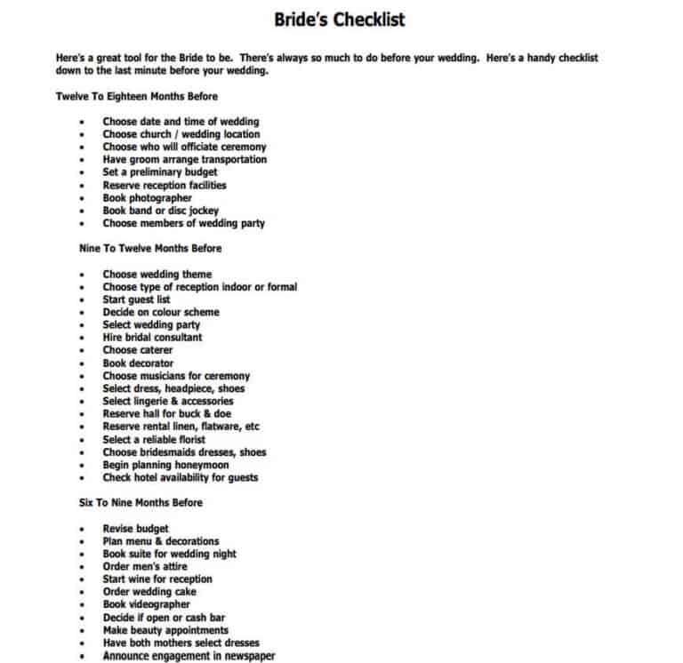 21 Free Wedding Checklist Templates [word And Pdf] Word Excel Fomats